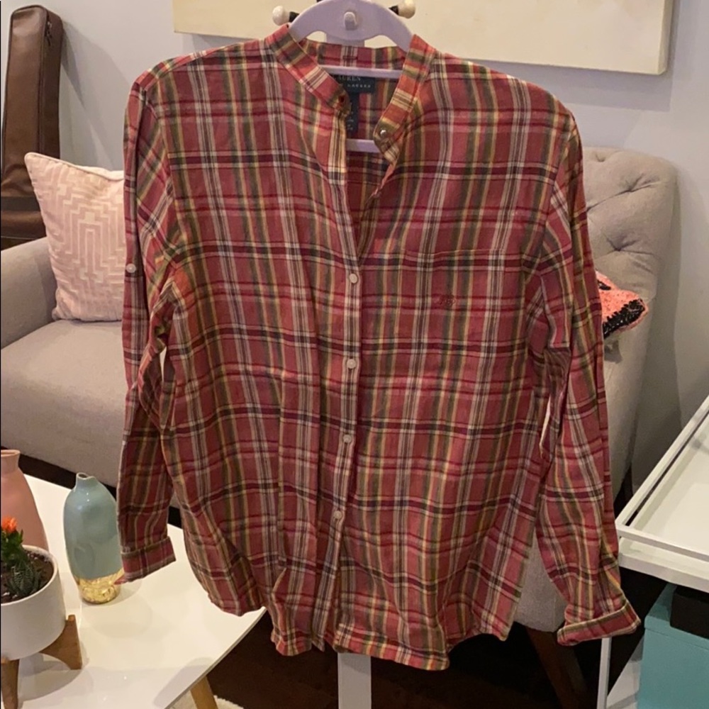Collarless Ralph Lauren linen plaid long sleeve shirt